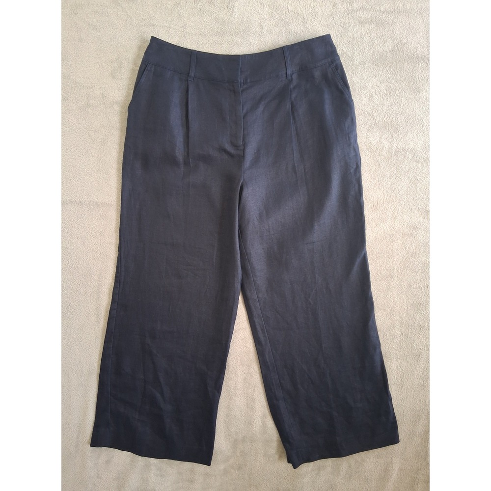 Boden Wide Leg Trousers Pants Womens 16R Navy Blue 100% Linen High Rise Pleated